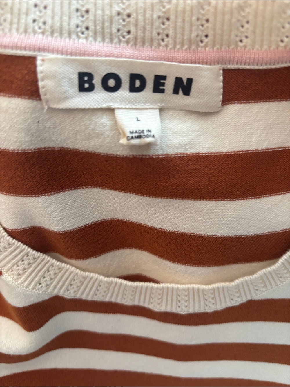 Boden Cream and Rust-Striped Short-Sleeve Crewneck Sweater - Picture 7 of 11